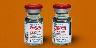 Two Moderna COVID-19 vaccine vials on a graphic orange background.