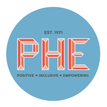 PHE logo with text reading est. 1971, positive, inclusive, empowering