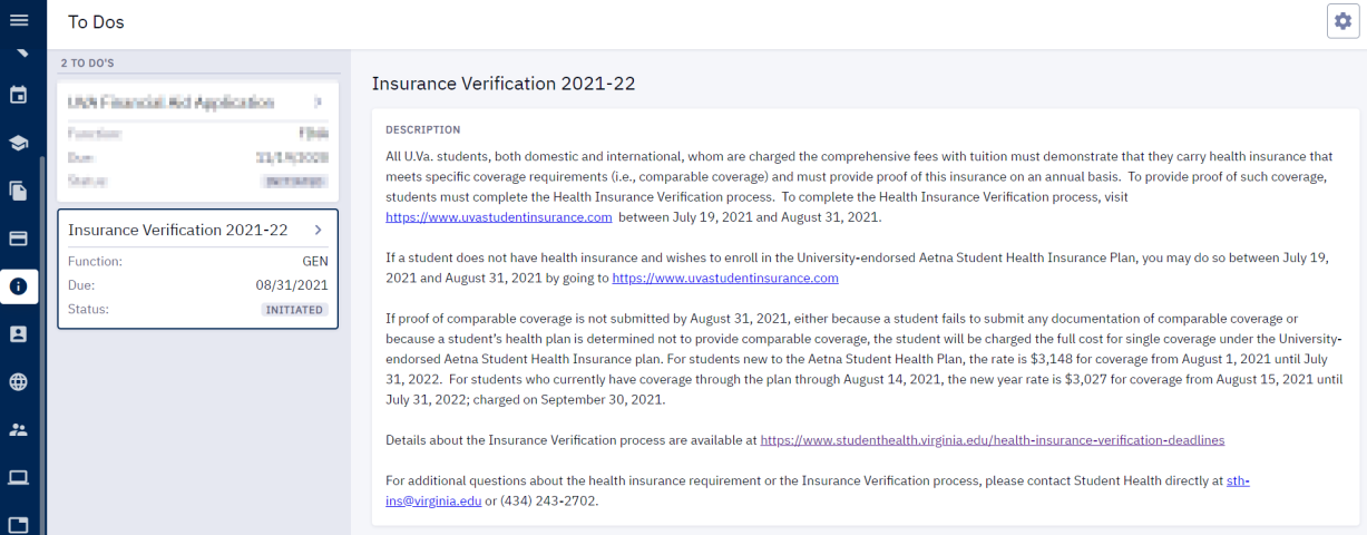 Screenshot of SIS page showing the health insurance requirement