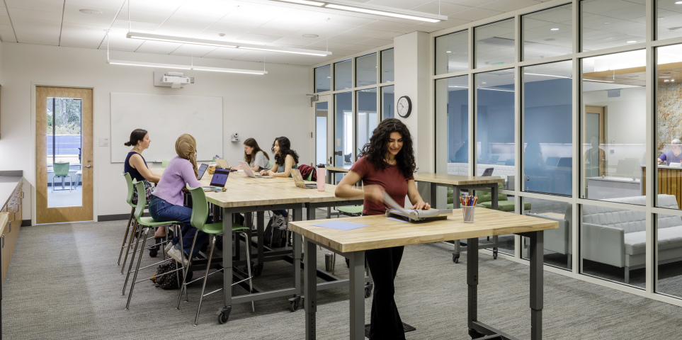 Students working in the SHW building